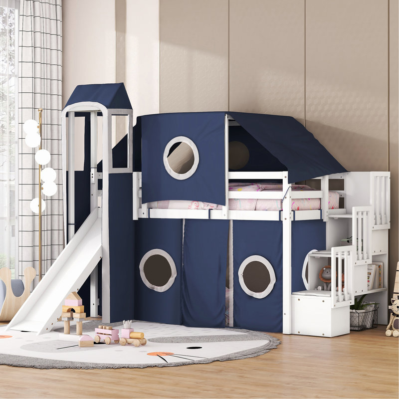 Wooden Loft Bed For Bedroom, Blue, Twin