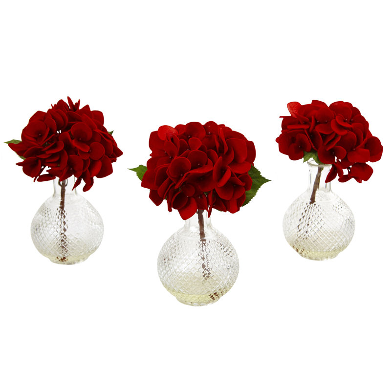 Red Hydrangea and Peony Centerpiece Set in Glass Vases