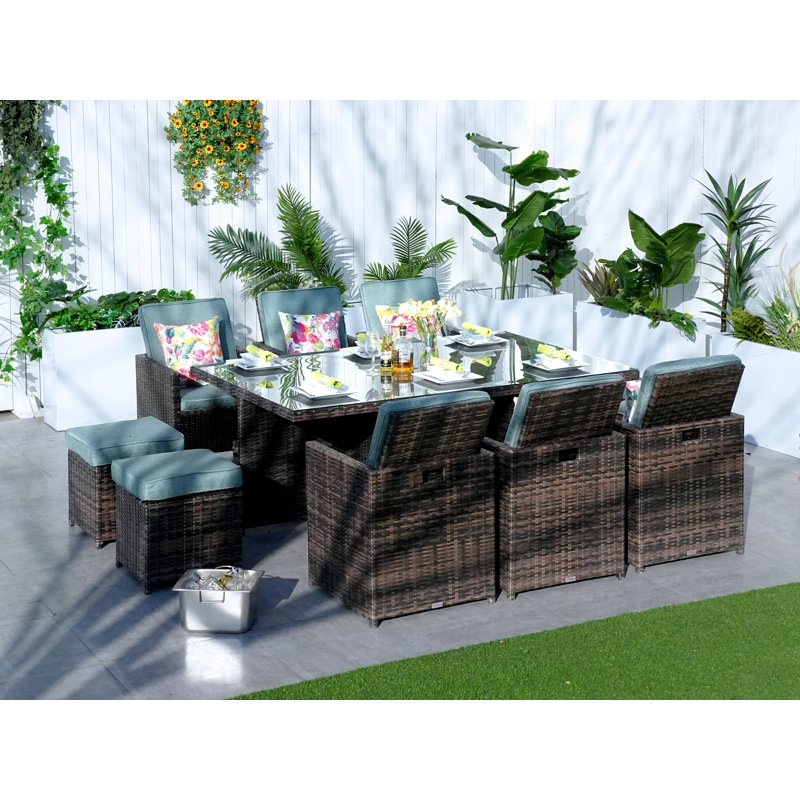 10 - Person Wicker Patio Dining Set with Rectangular Table , Cushions Included, Brown, Celadon