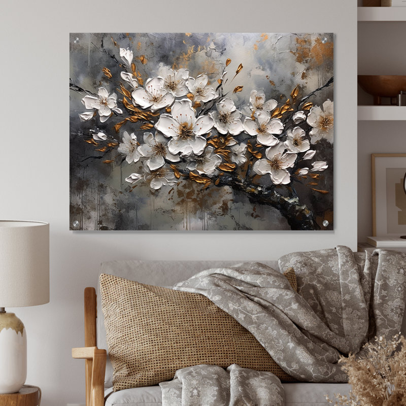 Harmonie I - Art floral acrylique blanc, H 12 po x l 20 po
