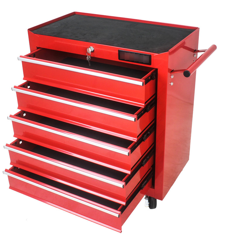 Coffre à outils rouge à 5 portes avec roulettes verrouillables et transportables, Red