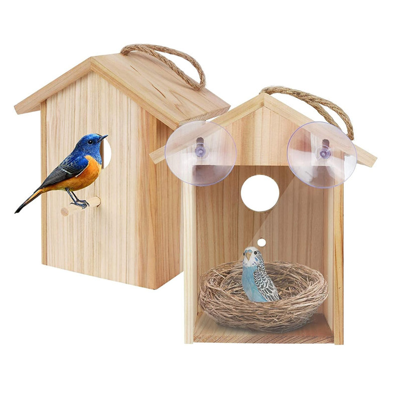 2 Pack Window Bird Houses For Outside With Suction Cups,See Through Wooden Birdhouses With Pole For Windows,Can Painting Bird Nesting Box For Bluebird Finch Chickadee,Clear Birds Feeder