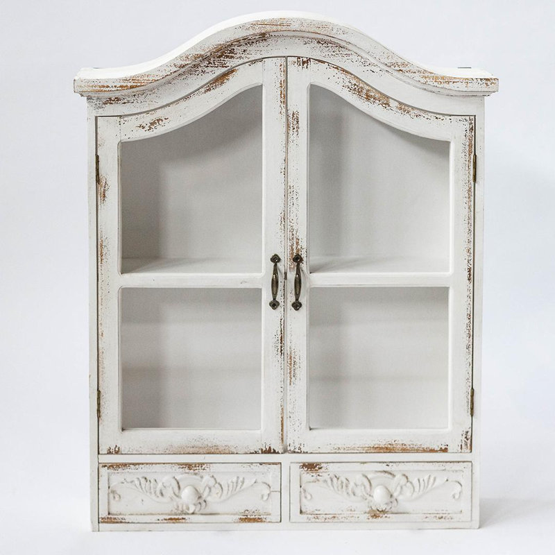 Armoire blanche rustique avec 2 tiroirs et portes en verre