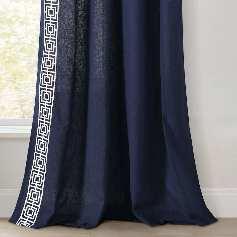 Lush Decor Luxury Modern Square Embroidery Border Semi-Sheer Single Curtain Panel, Navy