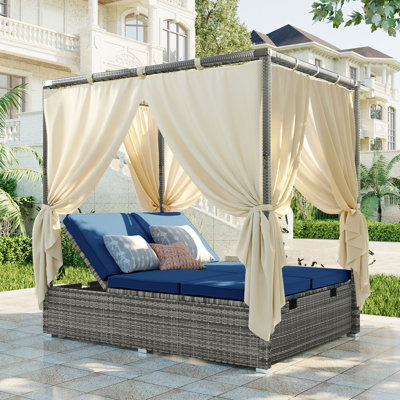 Arnger 77.2" Wide Outdoor Wicker Patio Daybed with Cushions, Curtain