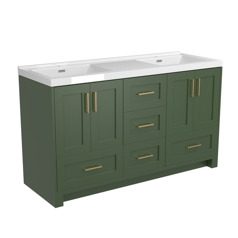 Donnal 60 po Meuble-lavabo autoportant à double cuve avec surface solide, Vert