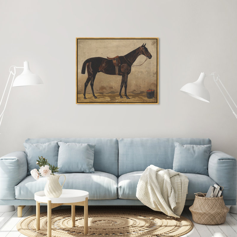 Brauner Im Stall Farm Animals by Emil Volkers - on Canvas, Gold Framed Canvas, 30" H x 36" W