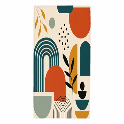 1Pcs Abstract Geometric Beach Towel, Modern Boho Style with Terracotta, Teal, and Yellow Shapes. Oversized Microfiber for, Pool, Travel, Unisex.