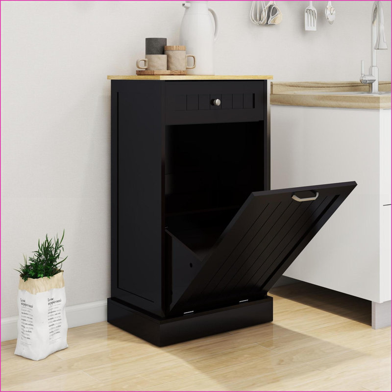 Armoires: Armoire poubelle de cuisine inclinable en MDF noir avec tiroir et amp; Compartiment | Noir | Panneau de fibres à densité moyenne