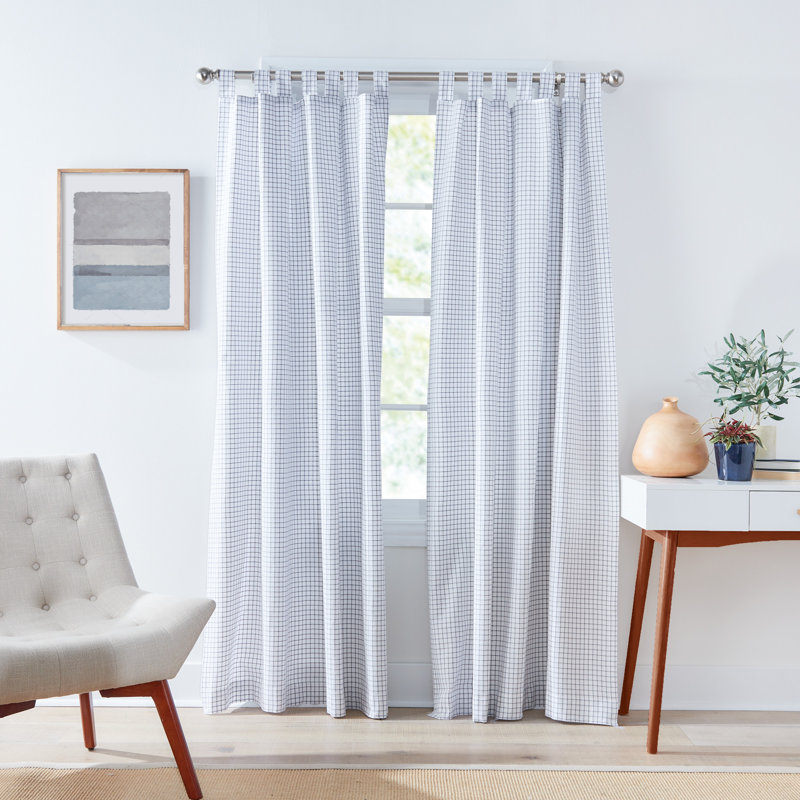 Mini Check Tabtop Light Filtering White/Dark Grey Curtain Panel Pair (Set of 2), 50" W x 84" L