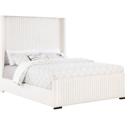 Upholstered Queen Bed In Cream, Featuring Wingback Headboard, Channel Tufting, And Nailhead Trim For Bedroom Cream Fabric With Wingback, Trim, Stable Support Legs