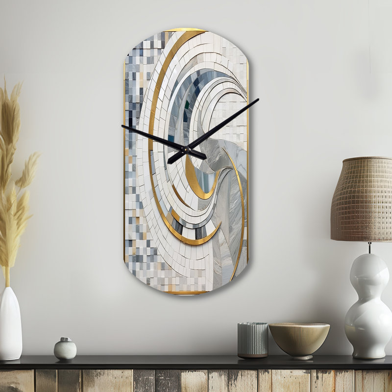 Gris et jaune mosaïque II - horloge murale cylindrique en formes abstraites, horloge murale asymétrique grise, Petit