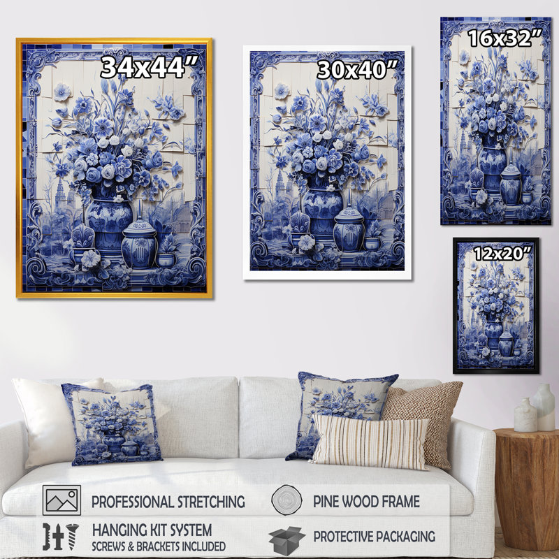 Art mural bleu et blanc Boho Flower Pottery II - Boho Pottery, Cadre photo noir simple, H 20 po x l 12 po x P 1 po
