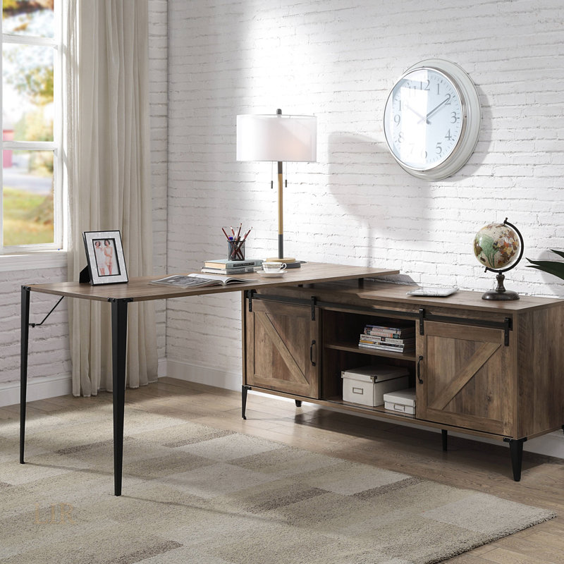 Bureau d'écriture en Z avec porte de grange coulissante et gestion des câbles Zakwani