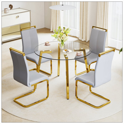 Table circulaire en verre trempé transparent de style moderne minimaliste, plateau en verre trempé, pieds en métal doré, convient pour la cuisine, la salle à manger et le salon, 42 po x 42 po x 29,5 po, 1123 po