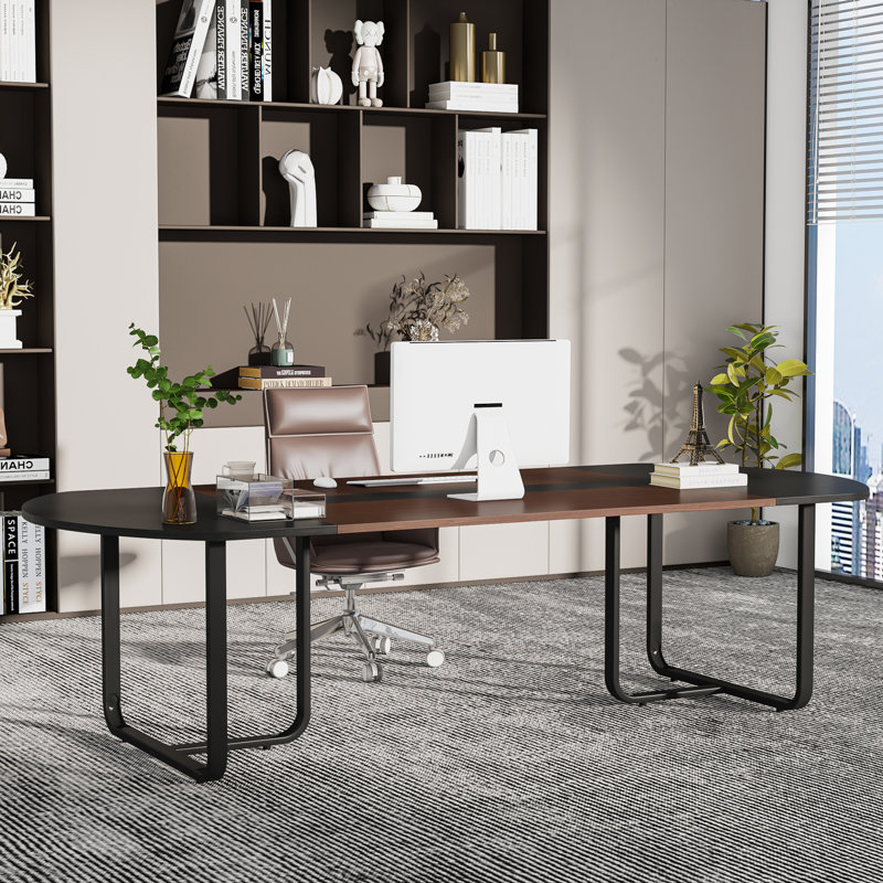 Cadynce 70.86'' Extra Long Executive Computer Desk with Curved Design, Black/Walnut