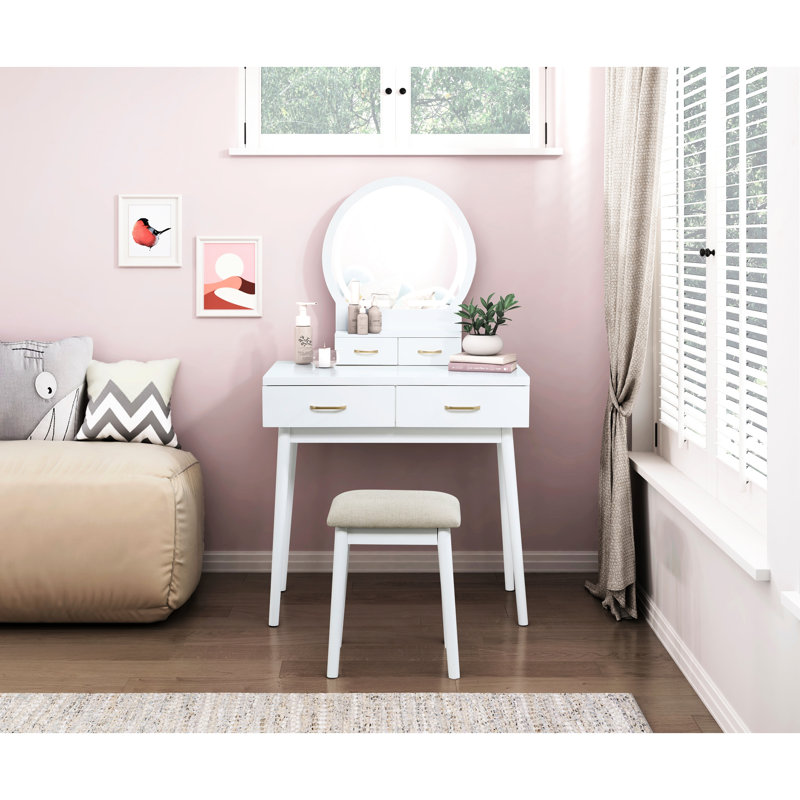 Mobilier de luxe: meuble-lavabo à finition blanche avec 4 tiroirs, miroir à DEL et tabouret pour miroir de chambre à coucher, tiroirs coulissants assortis