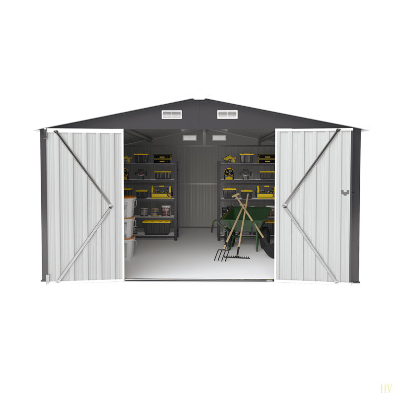 Remise de rangement pour l'extérieur 10 pi x 14 pi avec 3 portes verrouillables, 4 bouches d'aération et toit incliné, remise pour outils en métal et 4 évents pour la cour, le patio et la pelouse