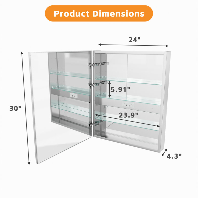 Armoire à pharmacie avec rangement à DEL pour salle de bain, l 24 po x H 30 po, fixation murale ou encastrée, panneau arrière en aluminium, gradateur et fonction antibuée