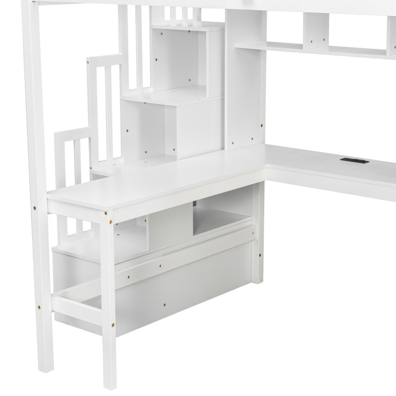 Lit mezzanine en bois massif pour enfants avec bureau, station de charge, bibliothèques et garde-robe, Blanc