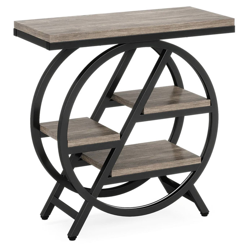 Table de chevet industrielle à 4 étagères, grand espace pour les magazines, structure en métal noir mat et surface gris rustique, idéale pour une décoration de style bord de mer