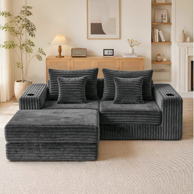 Canapé modulaire 80 po Cloud, canapé-lit en velours côtelé avec assise profonde, méridienne réversible, porte-gobelets et poches latérales, sans canapé d'assemblage, gris
