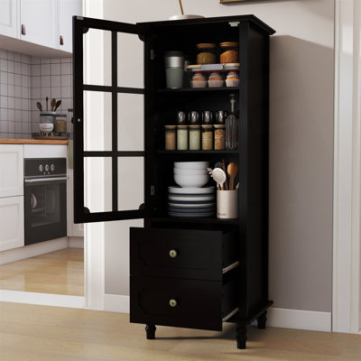 Armoire de rangement haute avec porte vitrée et 2 tiroirs, buffet autoportant étroit avec tablettes réglables, armoire de rangement rétro Farmhouse pour salle à manger, salon, salle de bain