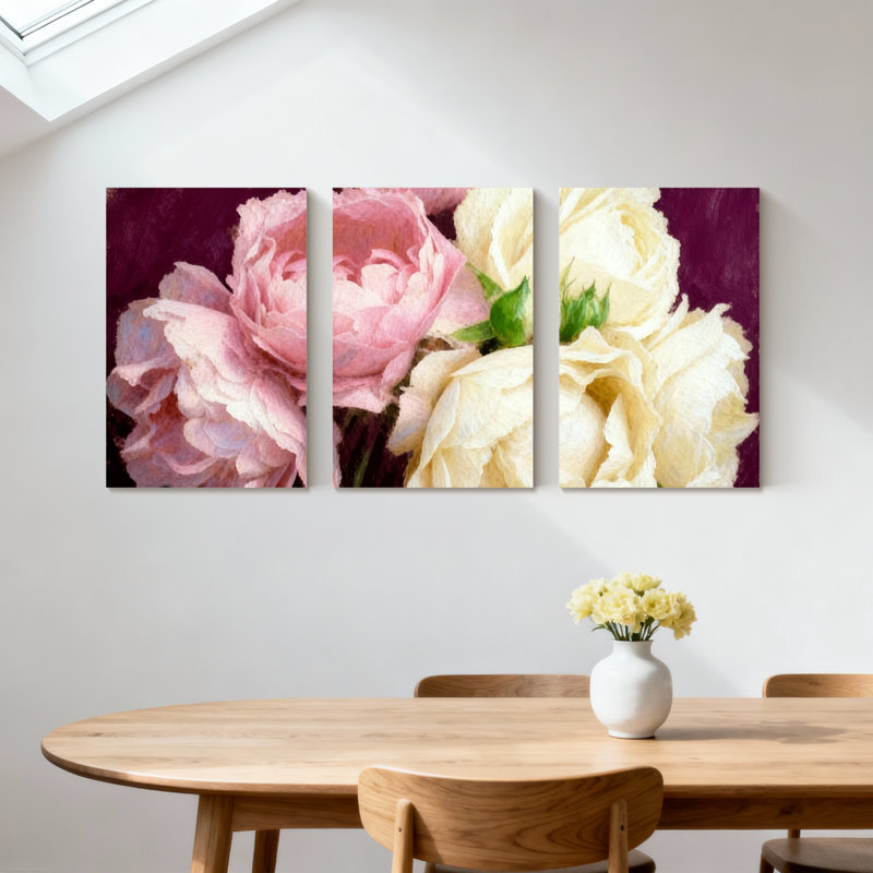Pivoine roses et blanches sur fond mauve, ensemble de 3 impressions sur toile, H 30 po x l 60 po