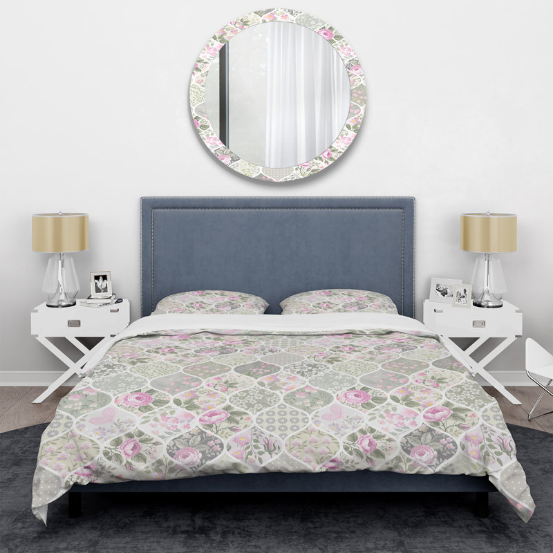 Patchwork de roses roses - ensemble de housse de couette abstrait - microfibre de polyester