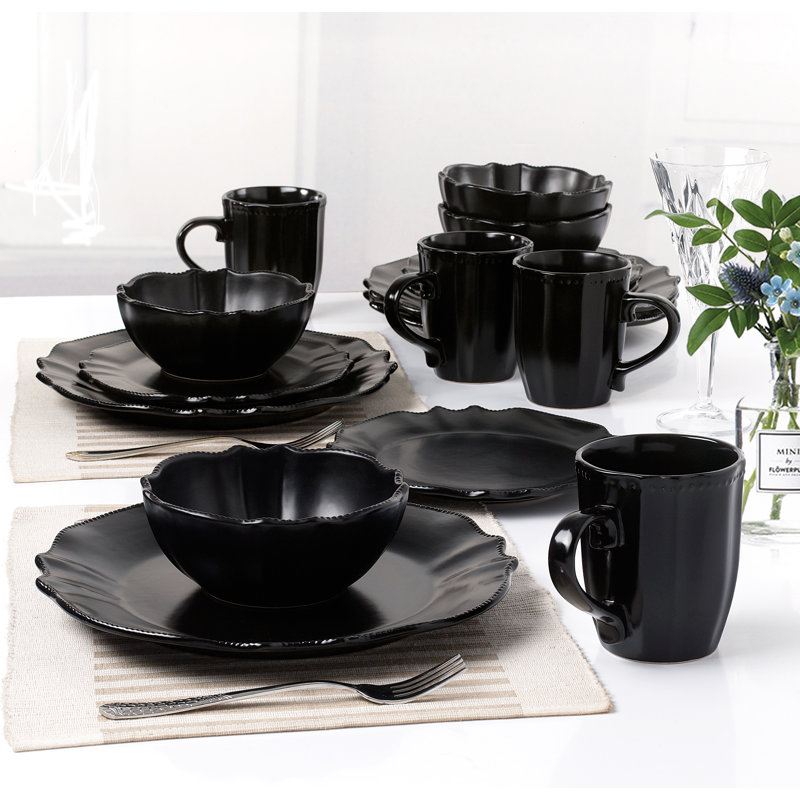 Vaisselle gris ardoise à bords festonnés 16 pièces Lorren Home Trends, Noir