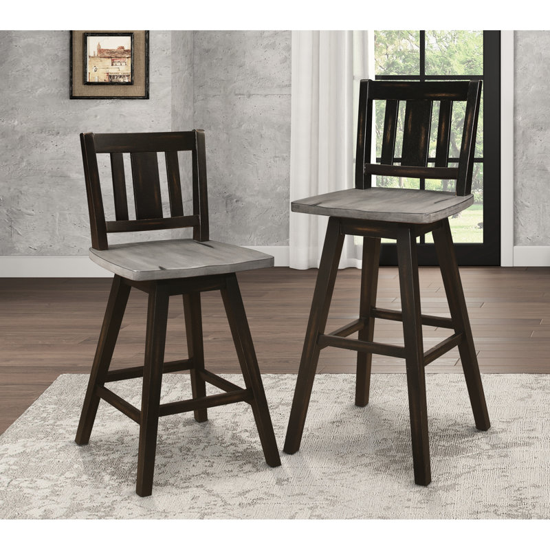 De 2 chaises de hauteur pub, bois d'hévéa massif, gris et noir patiné, pivotant à 360 °, dossier à lattes verticales pour la salle à manger, 2 chaises pivotantes grises / noires, mobilier rustique