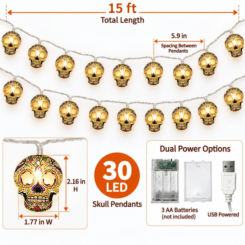 Guirlande lumineuse d'Halloween en forme de crâne de 4,5 m avec 30 DEL et double option d'alimentation