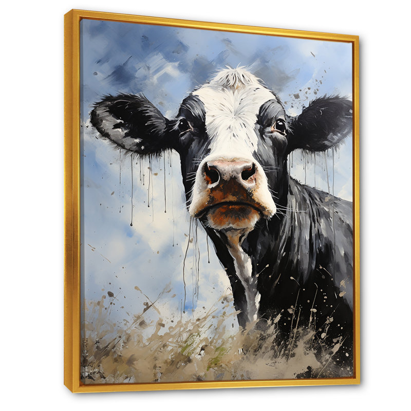 «Minimalisme noir et blanc vache II», reproduction sur toile, Cadre flottant doré, H 44 po x l 34 po x P 1,5 po