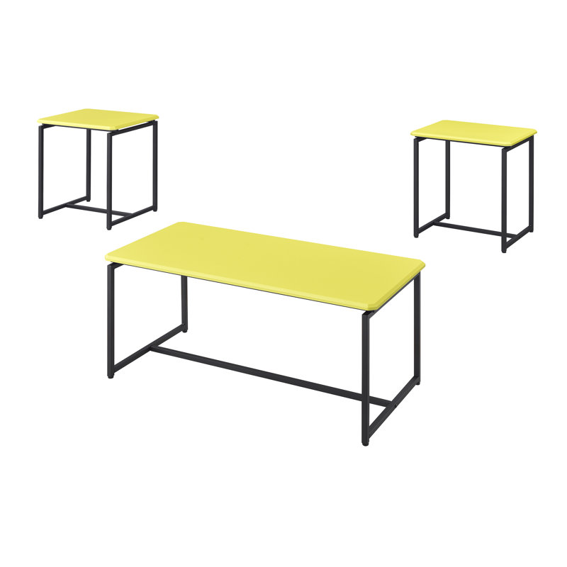 Table jaune 3 pièces avec revêtement en fibre de carbone - Enveloppes de tables basses et de bout, densité moyenne, pieds réglables, bords biseautés