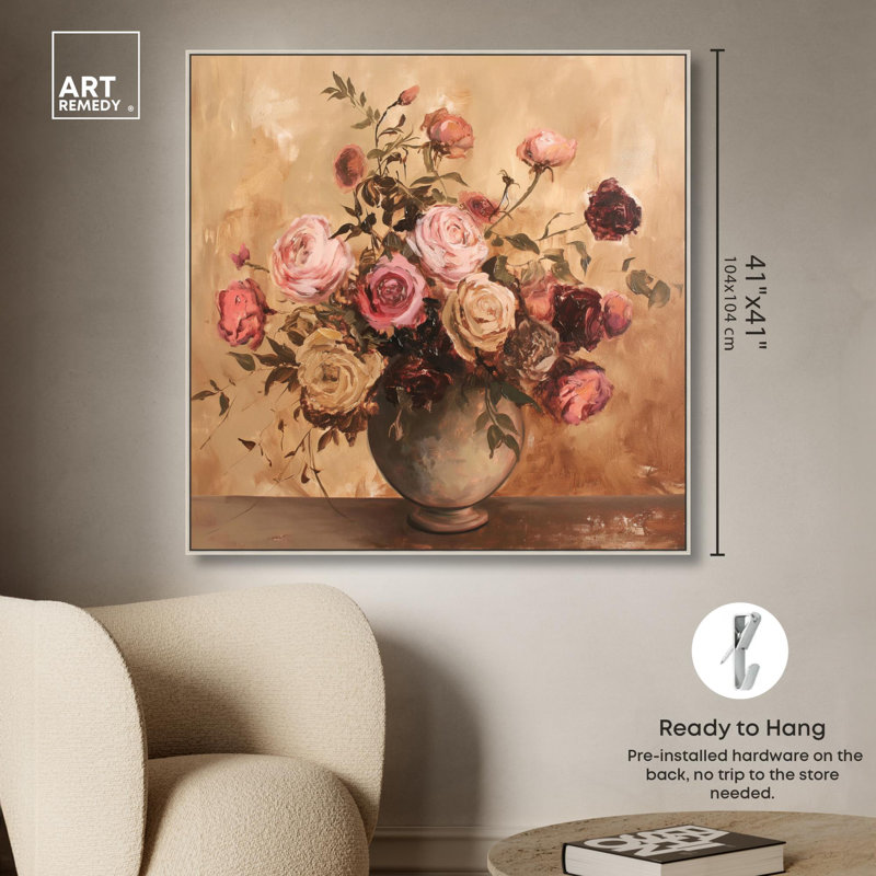 Art floral glamour sur toile bourgogne, H 41 po x l 41 po, Cadre argenté