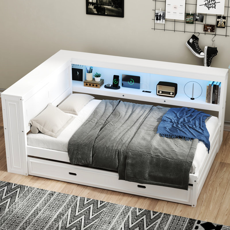 Lit de jour avec rangement, et DEL en blanc pleine grandeur - Offre une option de couchage pratique, gigogne, taille, moderne
