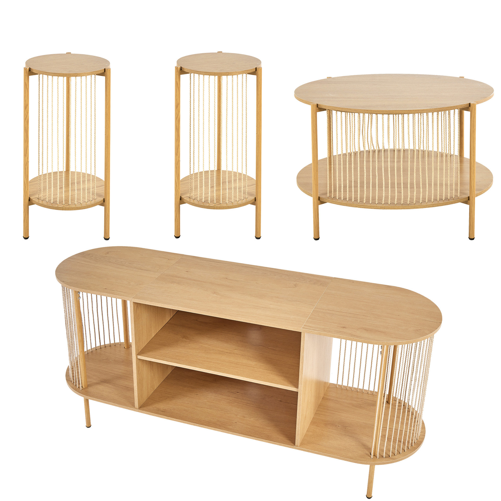 Latitude Run® Boho Natural Fiber Rope 4-piece Coffee Table And Tv Stand