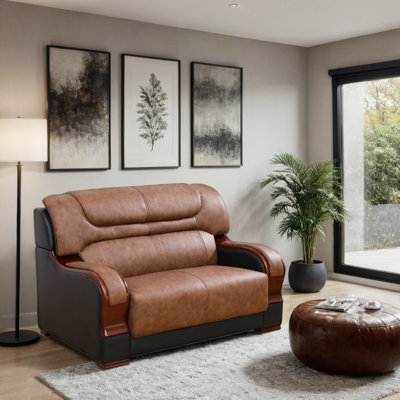 57" Genuine Cowhide Leather Loveseat With Wooden Accents, Modern 2-Seater Sofa