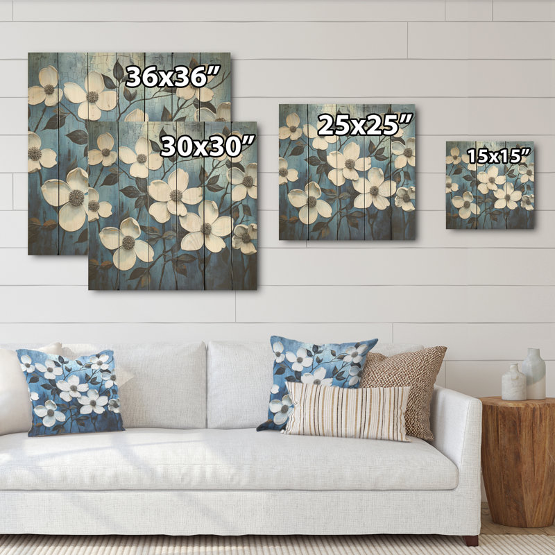 Blanc et noir cornouiller Bloompetal Whispers - art mural en bois de cornouiller sur bois de pin naturel, H 25 po x l 25 po