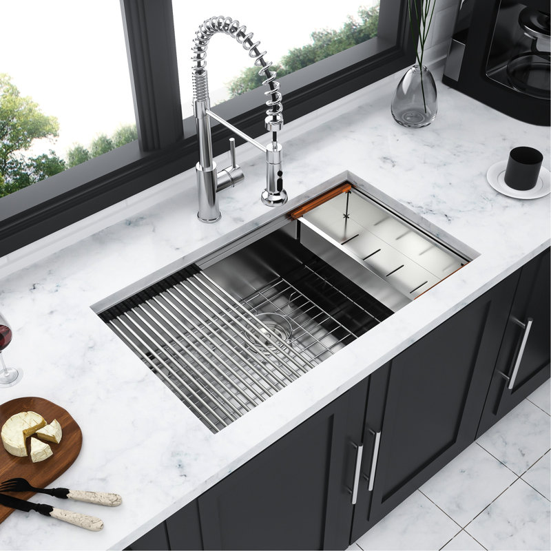 30 - Inch Undermount Kitchen Sink 16 Gauge Stainless Steel, Workstation With Switchable Modes, Condensation Coating, And Drain Assembly 30" Single Bowl Made Of 304 With X Shaped Water Flow,