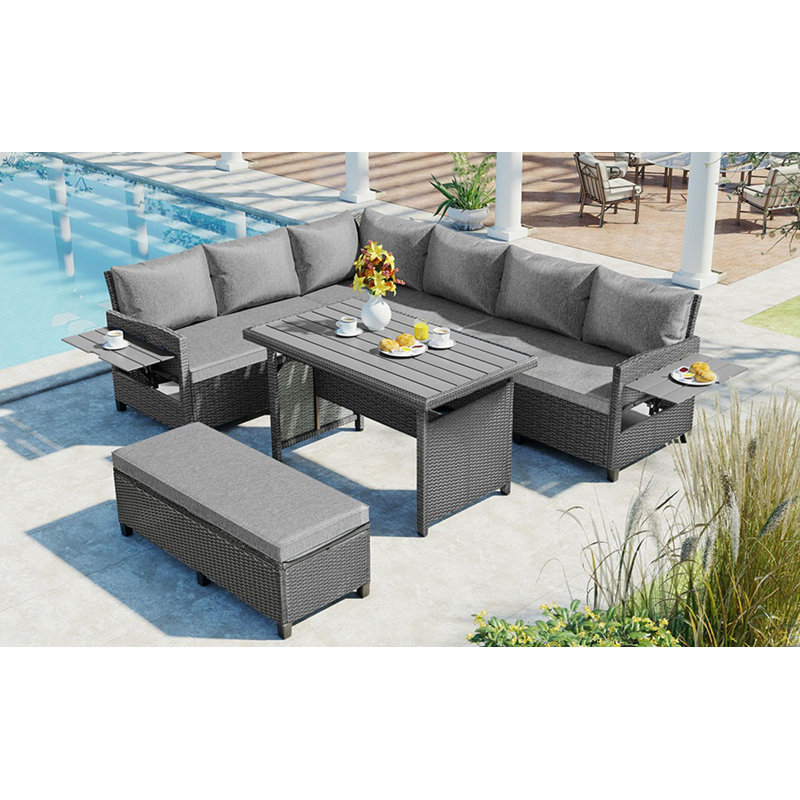 Ensemble de meubles de jardin en forme de L en osier 5 pièces avec 2 tables d'appoint extensibles, table de salle à manger et housses lavables