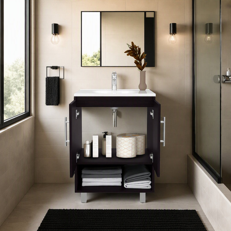 Meuble-lavabo autoportant Texas avec portes doubles, tablette ouverte et base surélevée Texas