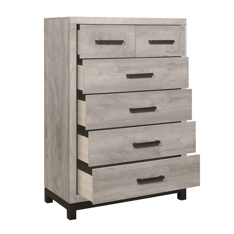 Commode de chambre à 5 tiroirs à deux tons avec finition moderne et placage en mélamine durable, parfaite pour les espaces contemporains.