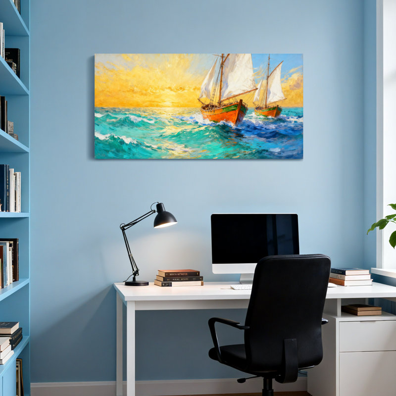 Voiliers nautiques et de plage sur un océan turquoise au coucher du soleil, H 24 po x l 48 po