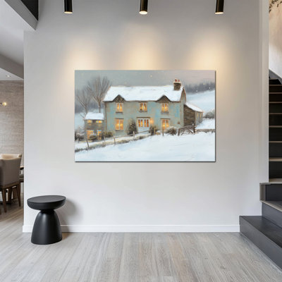 Large Winter Cottage Canvas Wall Art - Snow Landscape Pictures Wall Decor, Winter Village Scene Artwork For Living Room, Winter Wonderland Home Art Prints Frame Wrapped Canvas, 36×48 inches