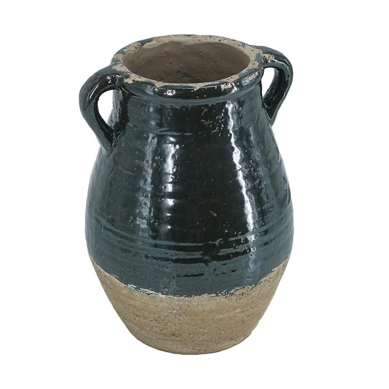Vase rond en terre cuite 13 "vert forêt et sable
