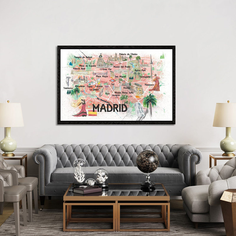Madrid Spain Illustrated Map With Landmarks And Highlights by Markus & Martina Bleichner - Print on Canvas