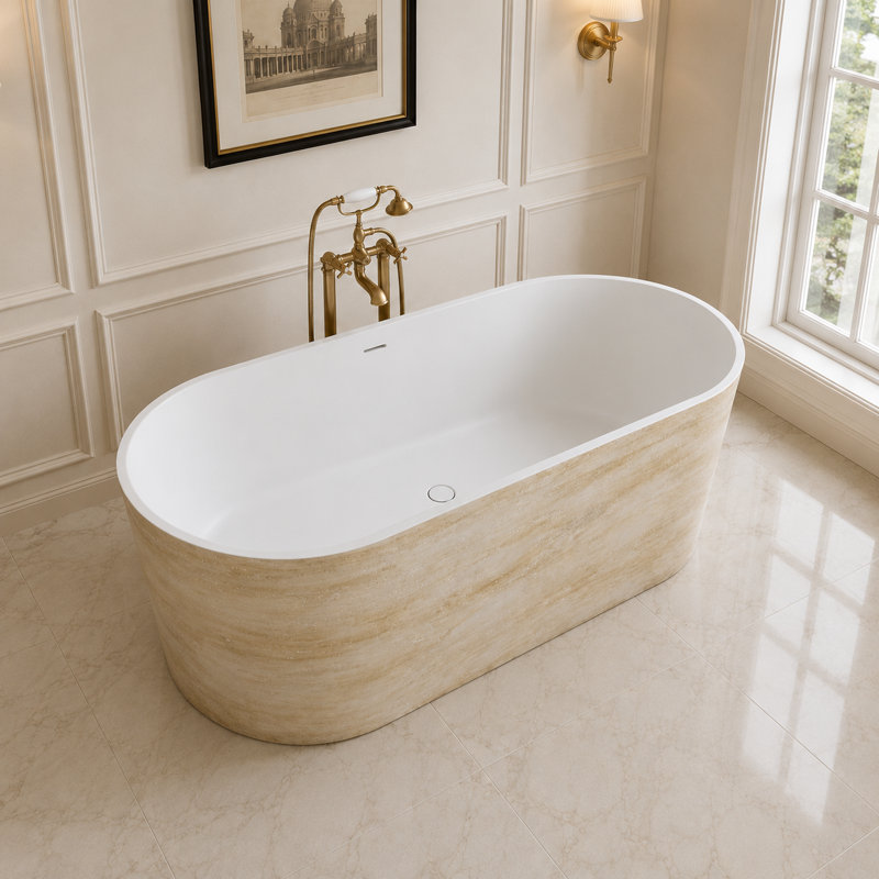 Baignoire autoportante à surface solide de 63 po - intérieur blanc mat avec teinte de bois extérieure avec texture de fossette encastrée