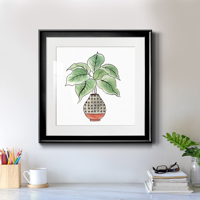 Boho Greenery I - peinture encadrée, Cadre noir, H 17,5 po x l 17,5 po x P 1,5 po