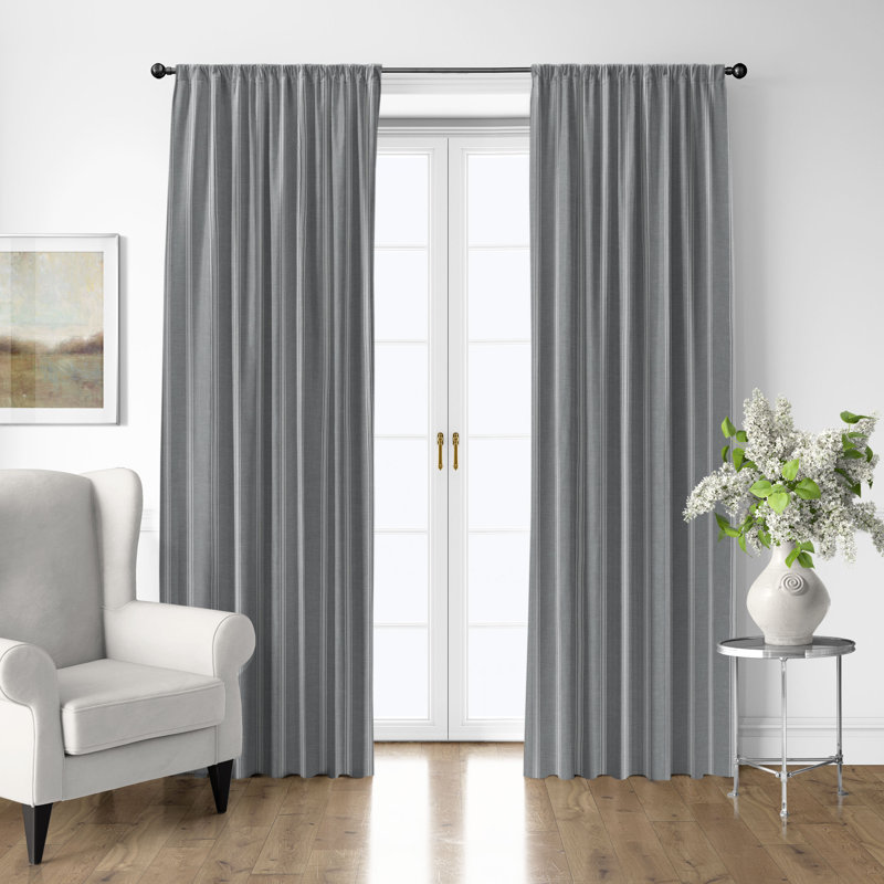Shay Broad Ticking Stripe Gray Cotton Simple Top Pocket Drapery Panel Set of 2, 50" W x 84" L